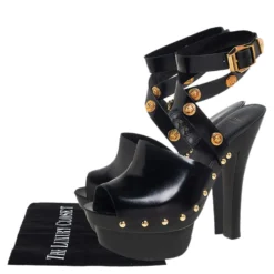 Versace Black Leather Medusa Embellished Ankle Wrap Platform Sandals Size 37 For Women -Versace Official Website luxury women versace used shoes p442204 003