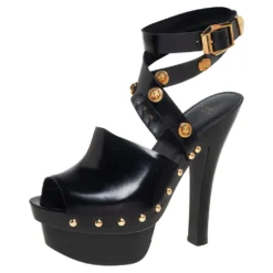 Versace Black Leather Medusa Embellished Ankle Wrap Platform Sandals Size 37 For Women
