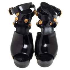 Versace Black Leather Medusa Embellished Ankle Wrap Platform Sandals Size 37 For Women -Versace Official Website luxury women versace used shoes p442204 006