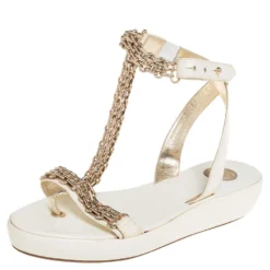 Versace White Patent Leather Chain Ankle Strap Sandals Size 39.5 For Women