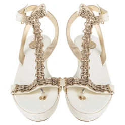 Versace White Patent Leather Chain Ankle Strap Sandals Size 39.5 For Women -Versace Official Website luxury women versace used shoes p444877 005