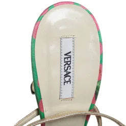 Versace Metallic Gold Leather Flower Detail T-Strap Sandals Size 38.5 For Women -Versace Official Website luxury women versace used shoes p446901 006