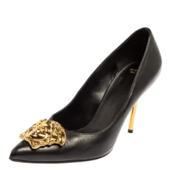 Versace Black Leather Medusa Embellished Pointed Toe Pumps Size 36 For Women
