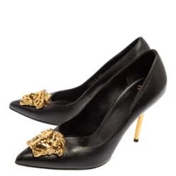 Versace Black Leather Medusa Embellished Pointed Toe Pumps Size 36 For Women -Versace Official Website luxury women versace used shoes p446914 006