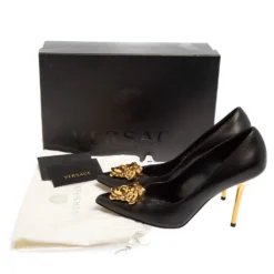 Versace Black Leather Medusa Embellished Pointed Toe Pumps Size 36 For Women -Versace Official Website luxury women versace used shoes p446914 008