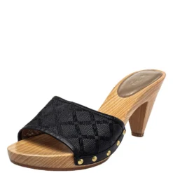 Versace Black Canvas And Leather Mule Sandals Size 39 For Women