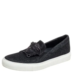 Versace Black Glitter Medusa Slip On Sneakers Size 38 For Women