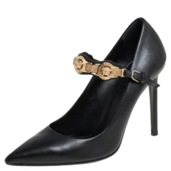 Versace Black Leather Medusa Embellished Mary Jane Pumps Size 37 For Women