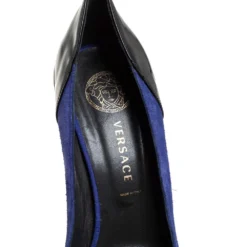 Versace Blue Suede And Black Patent Leather Pointed Toe Pumps Size 38 For Women -Versace Official Website luxury women versace used shoes p463326 002
