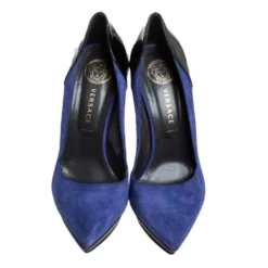 Versace Blue Suede And Black Patent Leather Pointed Toe Pumps Size 38 For Women -Versace Official Website luxury women versace used shoes p463326 007