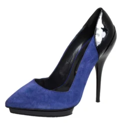Versace Blue Suede And Black Patent Leather Pointed Toe Pumps Size 38 For Women