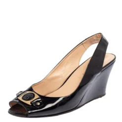 Versace Black Patent Leather Wedge Sandals Size 39 For Women