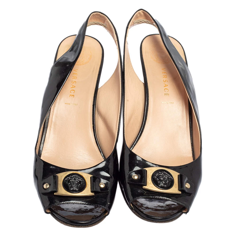 Versace Black Patent Leather Wedge Sandals Size 39 For Women 3 Versace Black Patent Leather Wedge Sandals Size 39 For Women - Image 3