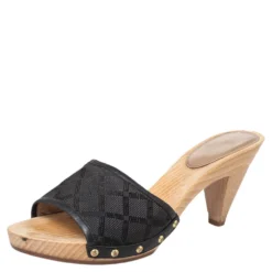 Versace Black Fabric And Leather Clog Slide Sandals Size 39 For Women