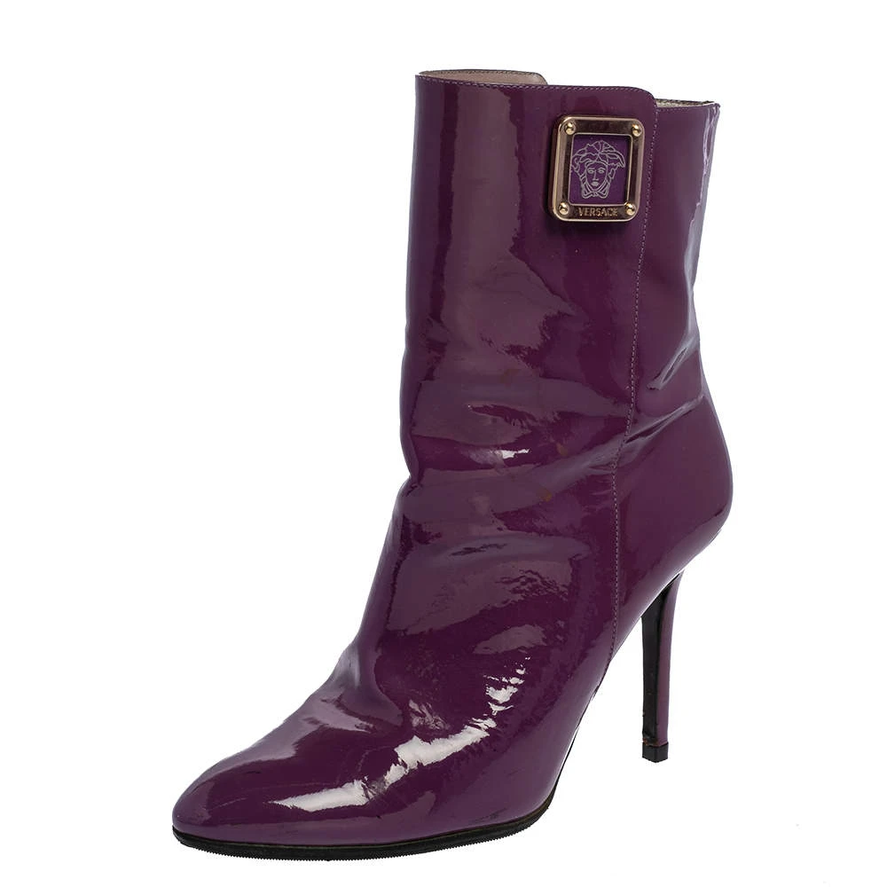 Versace Purple Patent Leather Medusa Ankle Boots Size 38.5 For Women 1 Versace Purple Patent Leather Medusa Ankle Boots Size 38.5 For Women