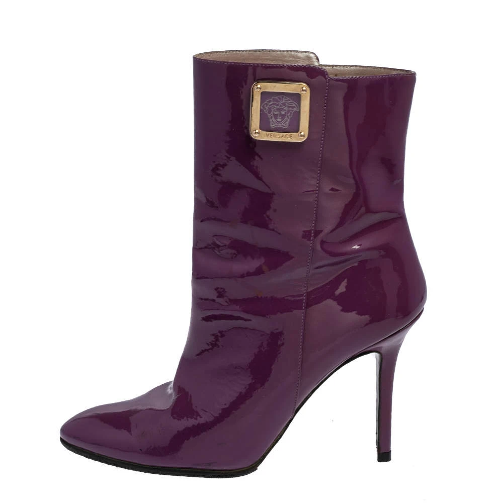 Versace Purple Patent Leather Medusa Ankle Boots Size 38.5 For Women 2 Versace Purple Patent Leather Medusa Ankle Boots Size 38.5 For Women - Image 2