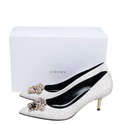 Versace White/Gold Leather Studded Medusa Pumps Size 39 For Women -Versace Official Website luxury women versace used shoes p472089 002