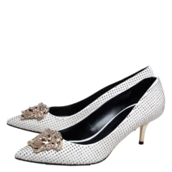 Versace White/Gold Leather Studded Medusa Pumps Size 39 For Women -Versace Official Website luxury women versace used shoes p472089 003