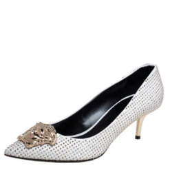 Versace White/Gold Leather Studded Medusa Pumps Size 39 For Women