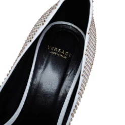 Versace White/Gold Leather Studded Medusa Pumps Size 39 For Women -Versace Official Website luxury women versace used shoes p472089 006