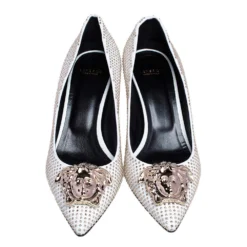 Versace White/Gold Leather Studded Medusa Pumps Size 39 For Women -Versace Official Website luxury women versace used shoes p472089 007