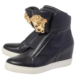 Versace Black Leather Palazzo Medusa Wedge High Top Sneakers Size 39 For Women -Versace Official Website luxury women versace used shoes p472942 001