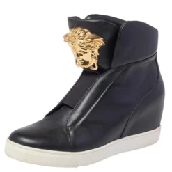 Versace Black Leather Palazzo Medusa Wedge High Top Sneakers Size 39 For Women