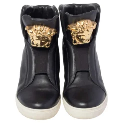 Versace Black Leather Palazzo Medusa Wedge High Top Sneakers Size 39 For Women -Versace Official Website luxury women versace used shoes p472942 004