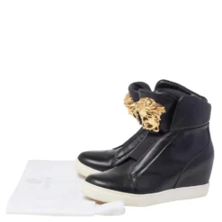Versace Black Leather Palazzo Medusa Wedge High Top Sneakers Size 39 For Women -Versace Official Website luxury women versace used shoes p472942 009