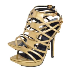 Versace Metallic Gold Patent Leather Gladiator Sandals Size 38 For Women -Versace Official Website luxury women versace used shoes p475742 002