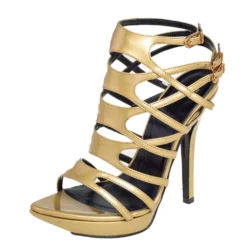 Versace Metallic Gold Patent Leather Gladiator Sandals Size 38 For Women