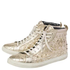 Versace Gold Leather Studded High Top Sneakers Size 39 For Women -Versace Official Website luxury women versace used shoes p476360 002