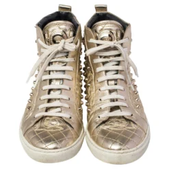 Versace Gold Leather Studded High Top Sneakers Size 39 For Women -Versace Official Website luxury women versace used shoes p476360 003