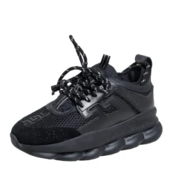 Versace Black Leather And Mesh Chain Reaction Sneakers Size 38 For Women