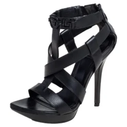 Versace Black Leather T Strappy Platform Sandals Size 37.5 For Women