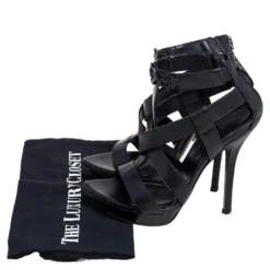 Versace Black Leather T Strappy Platform Sandals Size 37.5 For Women -Versace Official Website luxury women versace used shoes p487600 004