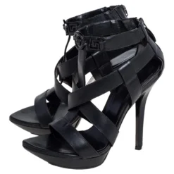 Versace Black Leather T Strappy Platform Sandals Size 37.5 For Women -Versace Official Website luxury women versace used shoes p487600 005