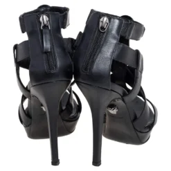 Versace Black Leather T Strappy Platform Sandals Size 37.5 For Women -Versace Official Website luxury women versace used shoes p487600 007
