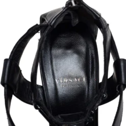 Versace Black Leather T Strappy Platform Sandals Size 37.5 For Women -Versace Official Website luxury women versace used shoes p487600 008