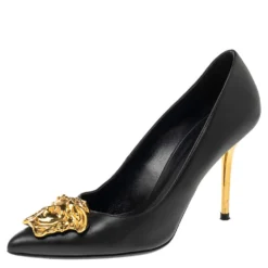 Versace Black Leather Medusa Pointed Toe Pumps Size 37.5 For Women