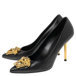 Versace Black Leather Medusa Pointed Toe Pumps Size 37.5 For Women -Versace Official Website luxury women versace used shoes p490190 009