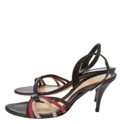 Versace Brown Leather And Fabric Slingback Sandals Size 39 For Women -Versace Official Website luxury women versace used shoes p492262 002