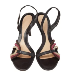 Versace Brown Leather And Fabric Slingback Sandals Size 39 For Women -Versace Official Website luxury women versace used shoes p492262 004