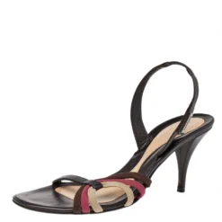Versace Brown Leather And Fabric Slingback Sandals Size 39 For Women