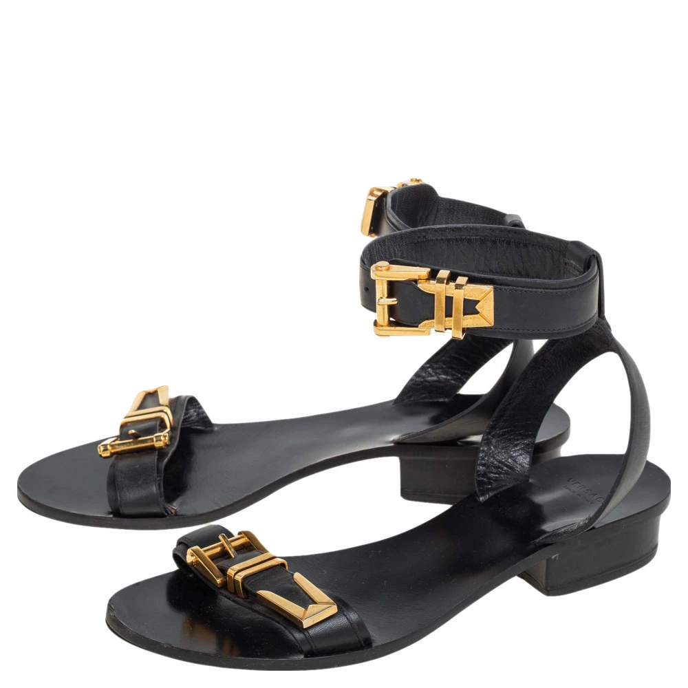 Versace Black Leather Buckle Ankle Strap Sandals Size 38 For Women 4 Versace Black Leather Buckle Ankle Strap Sandals Size 38 For Women - Image 4