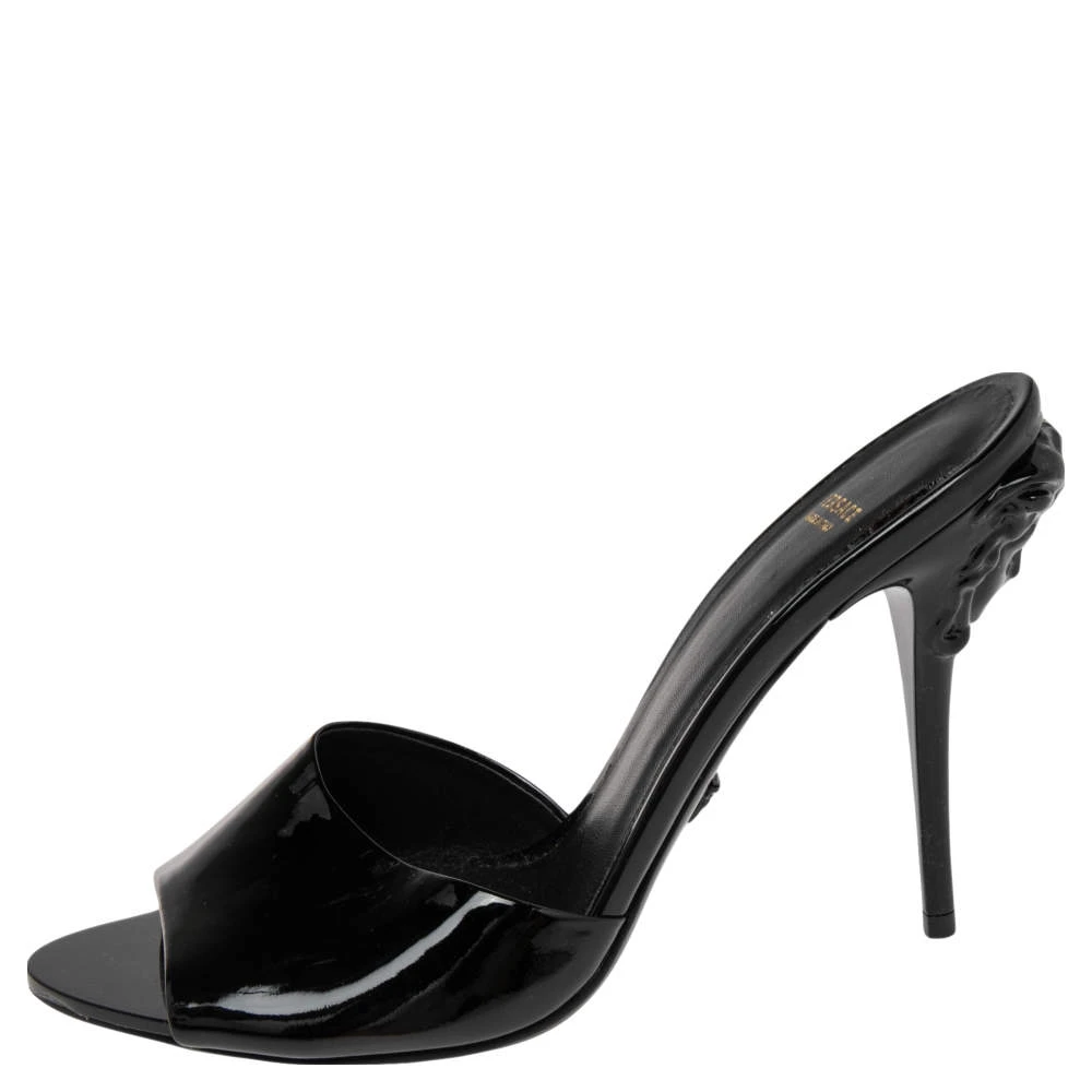 Versace Black Patent Leather Medusa Heel Slide Sandals Size 40 For Women 2 Versace Black Patent Leather Medusa Heel Slide Sandals Size 40 For Women - Image 2