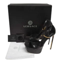 Versace Black Leather Pin Buckle Detail Ankle Strap Platform Sandals Size 38 For Women -Versace Official Website luxury women versace used shoes p503056 001