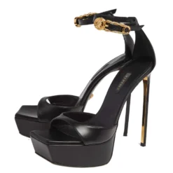 Versace Black Leather Pin Buckle Detail Ankle Strap Platform Sandals Size 38 For Women -Versace Official Website luxury women versace used shoes p503056 002