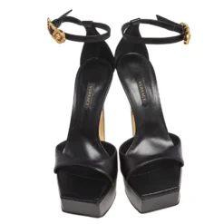 Versace Black Leather Pin Buckle Detail Ankle Strap Platform Sandals Size 38 For Women -Versace Official Website luxury women versace used shoes p503056 003