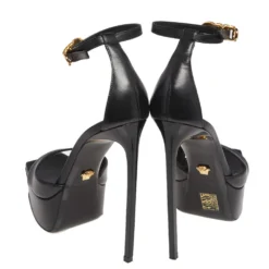 Versace Black Leather Pin Buckle Detail Ankle Strap Platform Sandals Size 38 For Women -Versace Official Website luxury women versace used shoes p503056 004
